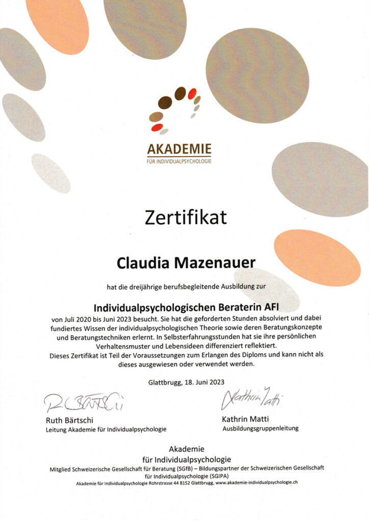 Zertifikat - Individualpsychologischen Beraterin AFI - Claudia Mazenauer